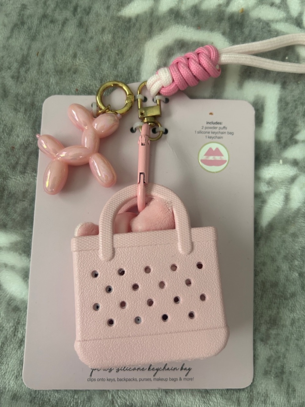 4 Piece Powder Puff Set- Pink Silicone Tote Bag Keychain with Balloon Dog Charm